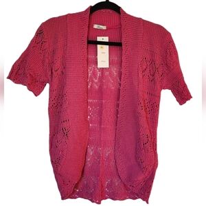 NWT Bina Pink Short Sleeve Knit Crochet Sweater Cardigan Top, Size XL